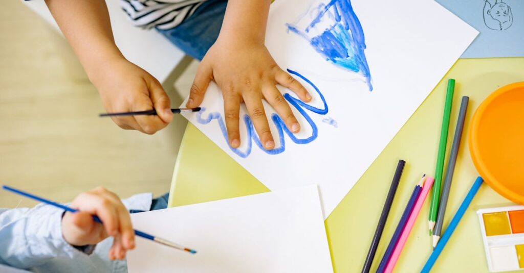 pexels photo 8612988 8612988 Children painting with watercolors and colored pencils, fostering creativity and learning in a fun environment.